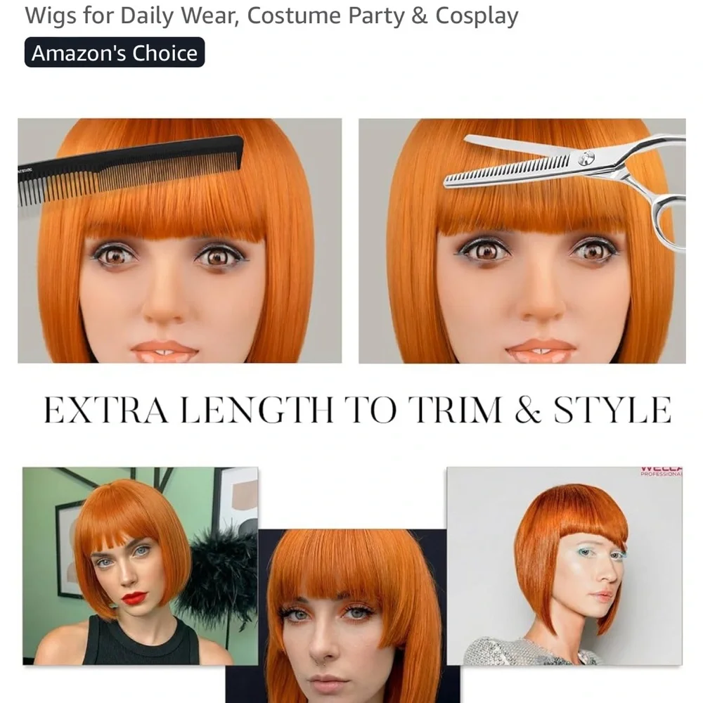 12” Ginger Orange Bob Synthetic Hair Wig with Bangs